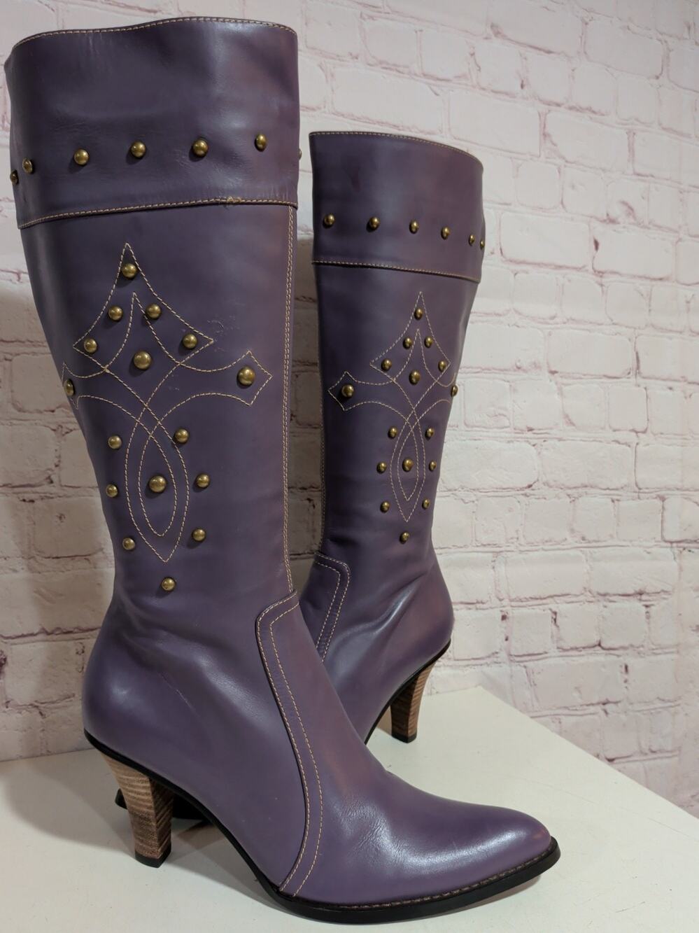Hustle Purple Leather Studded Western Boots Womens 7 Pointed Toe Zip Knee High